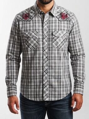 Roper Cowboy Western Shirt Size M Plaid Long Sleeve Embroidery Button Up